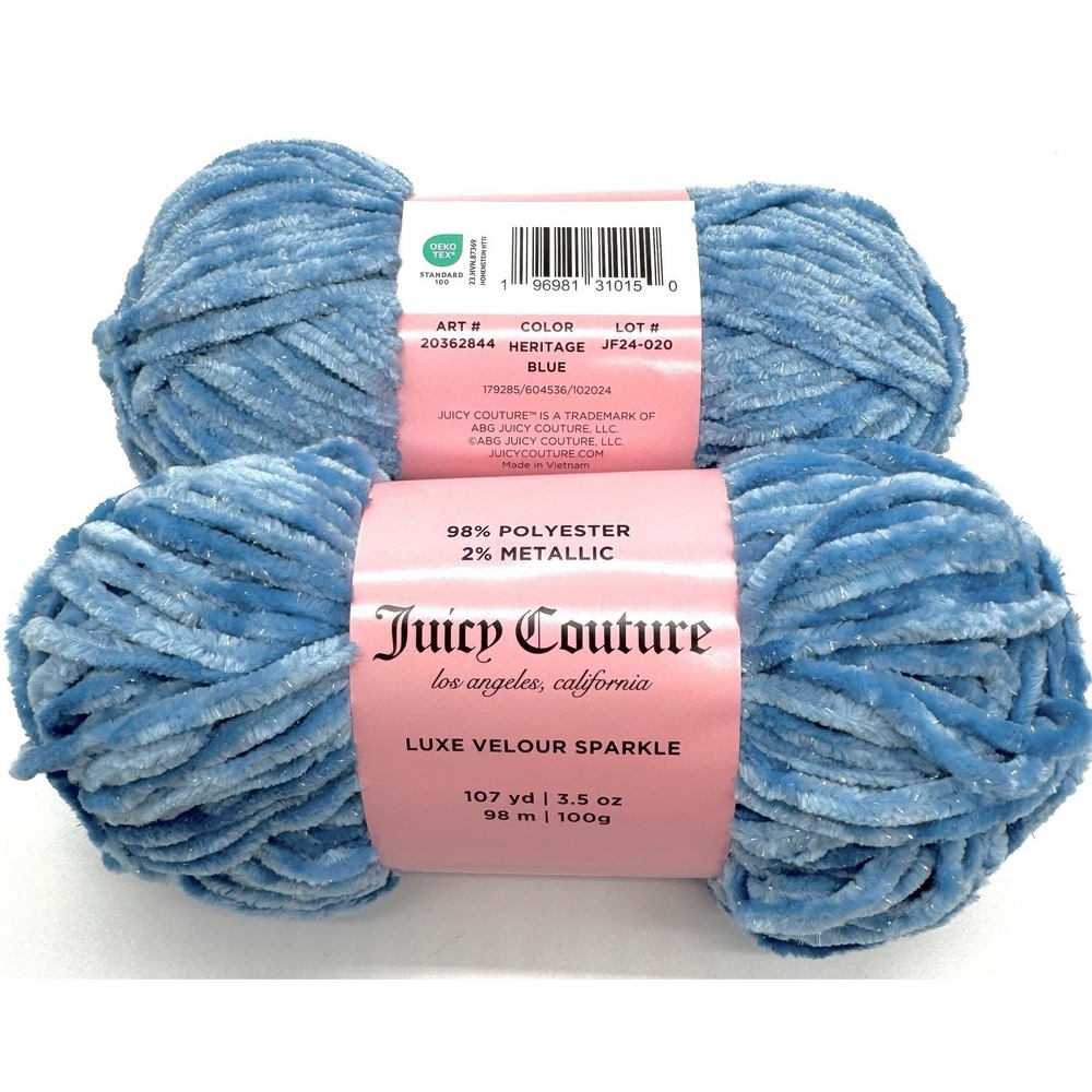 JUICY COUTURE 2-Skein-Lot Luxe Velour Sparkle Yarn Heritage Blue Disc Joann‎ 5B